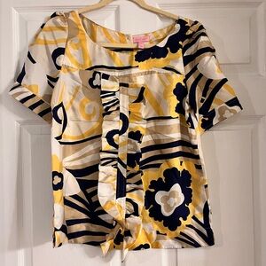 Lilly Pulitzer Finley yellow blue tan ruffle‎ front silk blouse top women’s 6